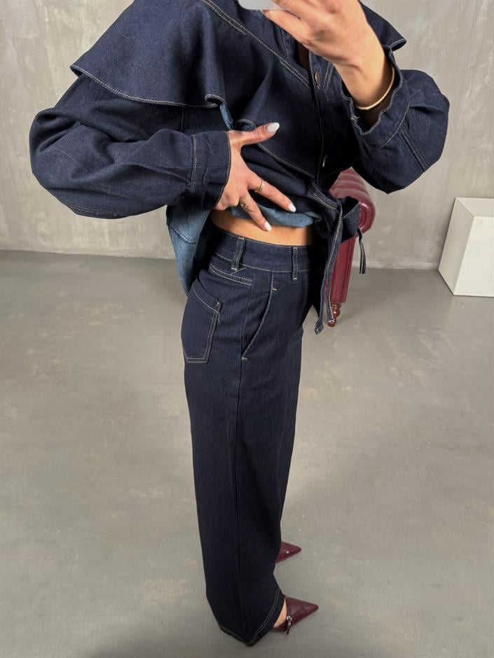 Tasire Lacivert Yaka Fırfır Detaylı Kuşaklı Gömlek Pantolon Denim Takım