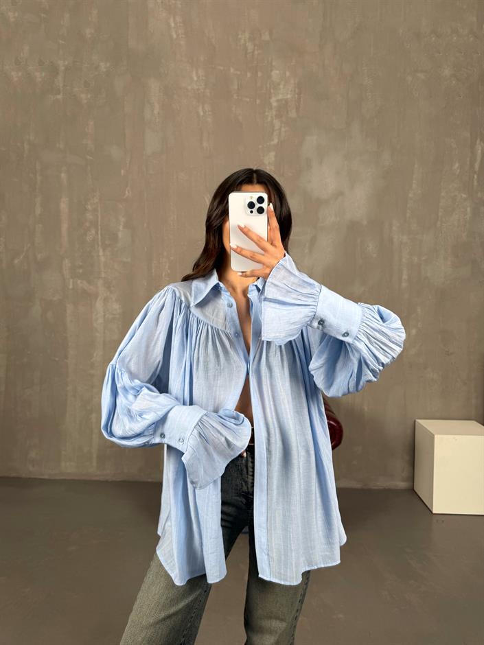 Kali Mavi Büzgülü Oversize Gömlek