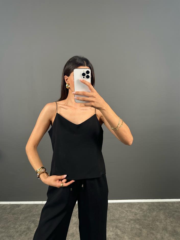 Lily Siyah Tensel Askılı Bluz Pantolon İkili Takım