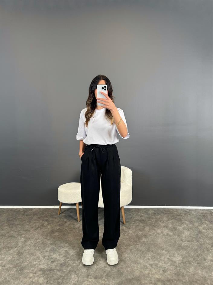 Lul Siyah Beli Lastikli İp Kemerli Tensel Pantolon