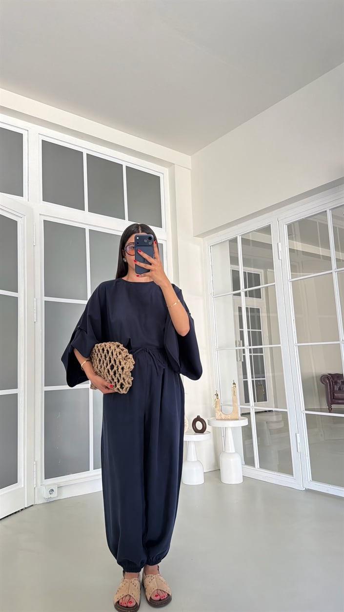 Lacivert Yarasa Kol Bluz Beli Lastikli Şalvar Pantolon İkili Tencel Takım GAUS-01840