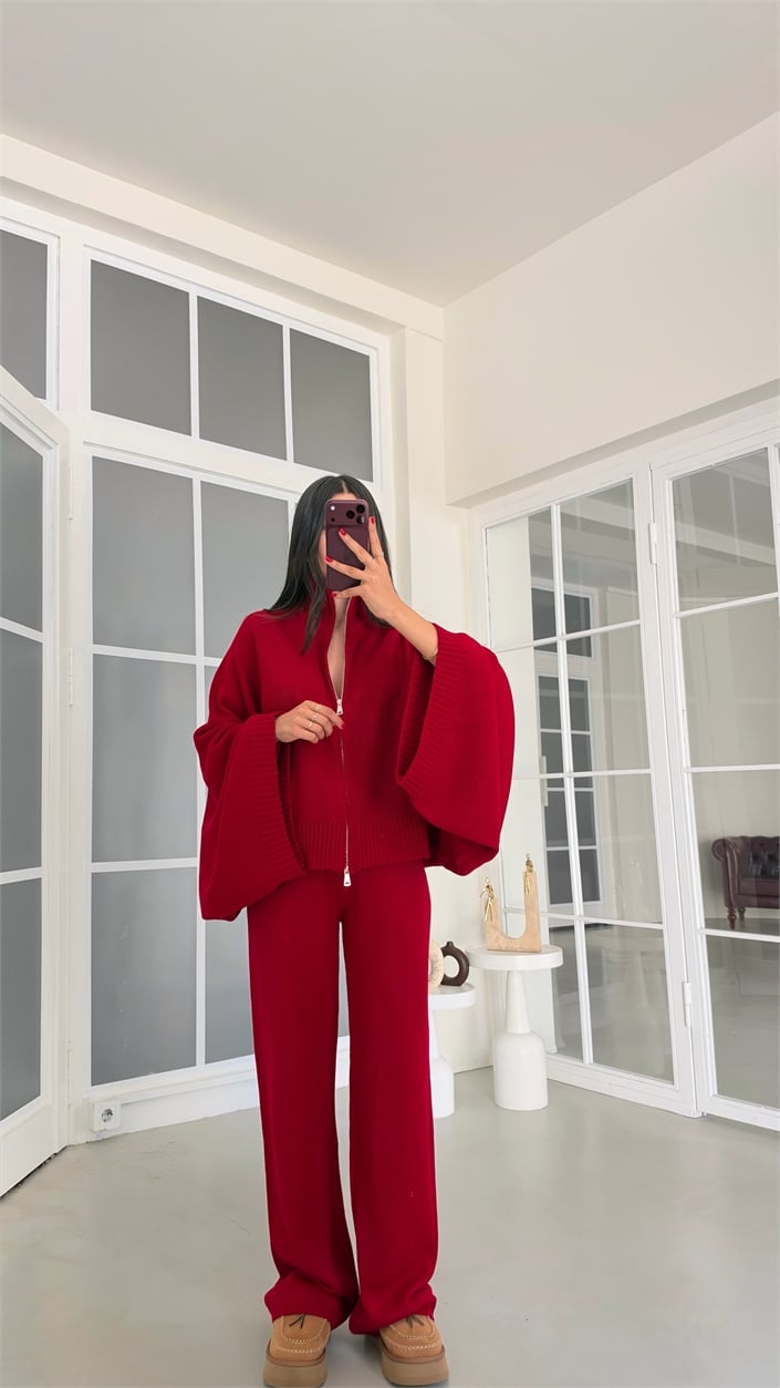 Kırmızı Yarasa Kol Hırka Beli Lastikli Pantolon İkili Triko Takım GAUS-02238