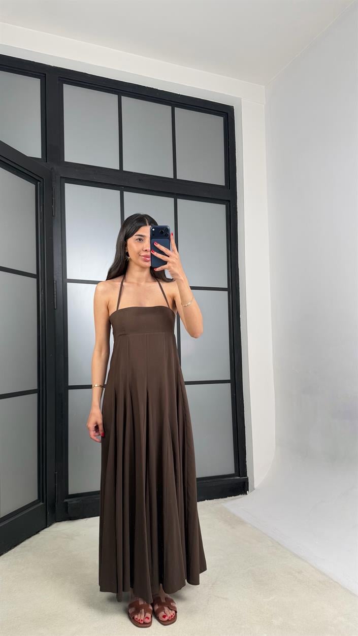 Acı Kahve Boyundan Bağlamalı Tencel Elbise GAUS-01516