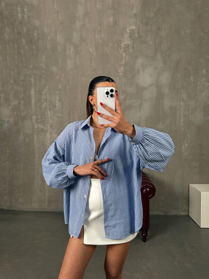Vendi Mavi Çizgili Oversize Gömlek