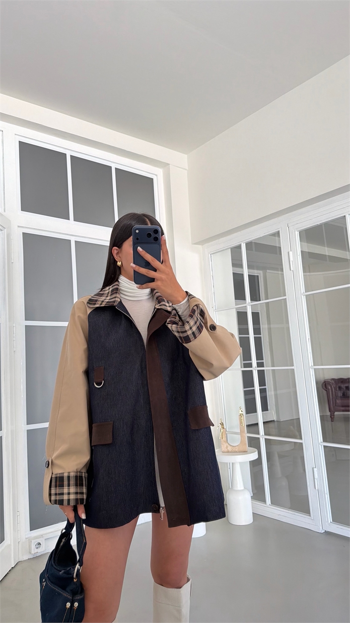 Çok Renkli Astarlı Ekoseli Cep Detaylı Denim Ceket GAUS-02068