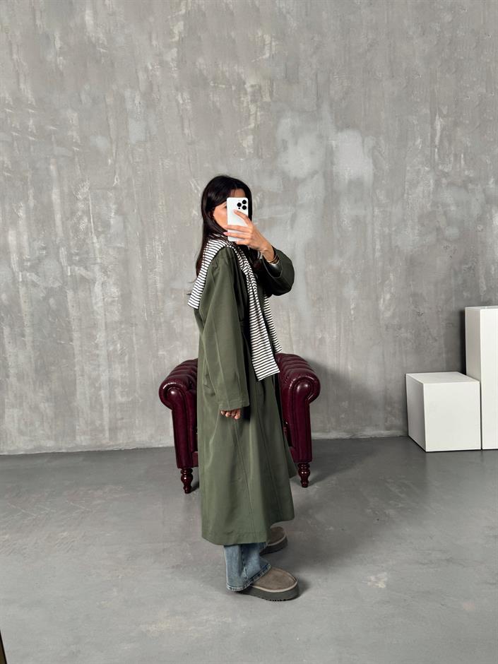 Sindy ZR Haki Muadil Premium Astarsız Kuşaklı Trençkot