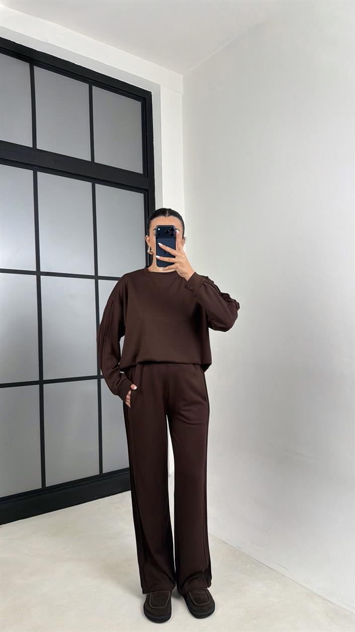 Kahve Bisiklet Yaka Sweatshirt Beli Lastikli Eşofman İkili Modal Takım GAUS-00598