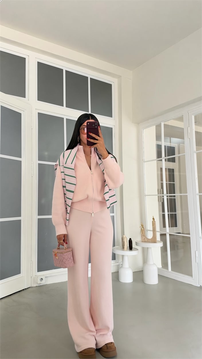 Pembe Çift Fermuarlı Hırka Beli Lastikli Pantolon İkili Yumuşak Kumaş Premium Takım GAUS-02303