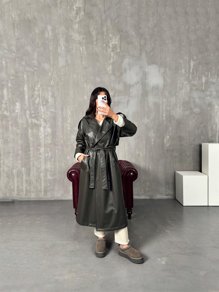 Vinta Haki Astarlı Kuşaklı Deri Trençkot