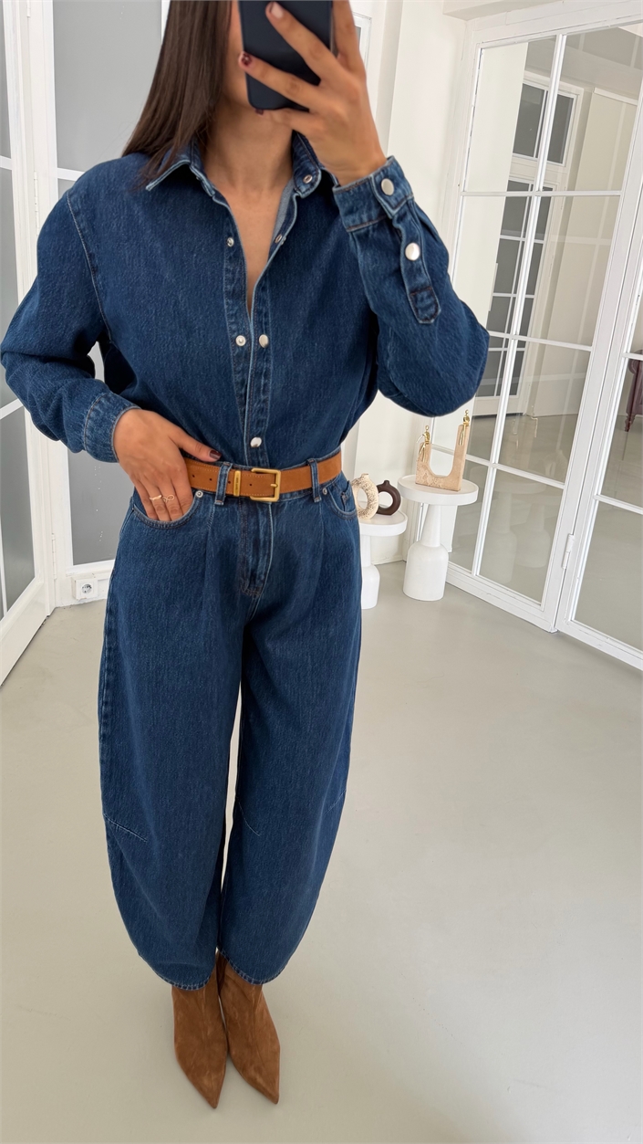 Lacivert Çıtçıt Düğmeli Gömlek Pantalon Denim Takım GAUS-01969