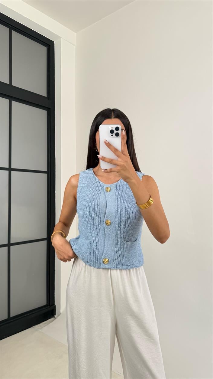 Mavi Cep Detaylı Gold Düğmeli Triko Yelek GAUS-0058
