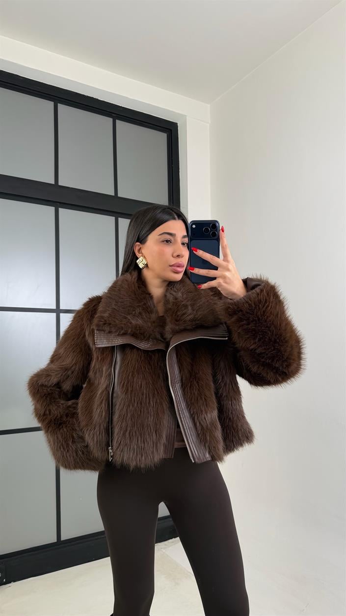 Kahve Astarlı Deri Detaylı Kürk Ceket GAUS-01017