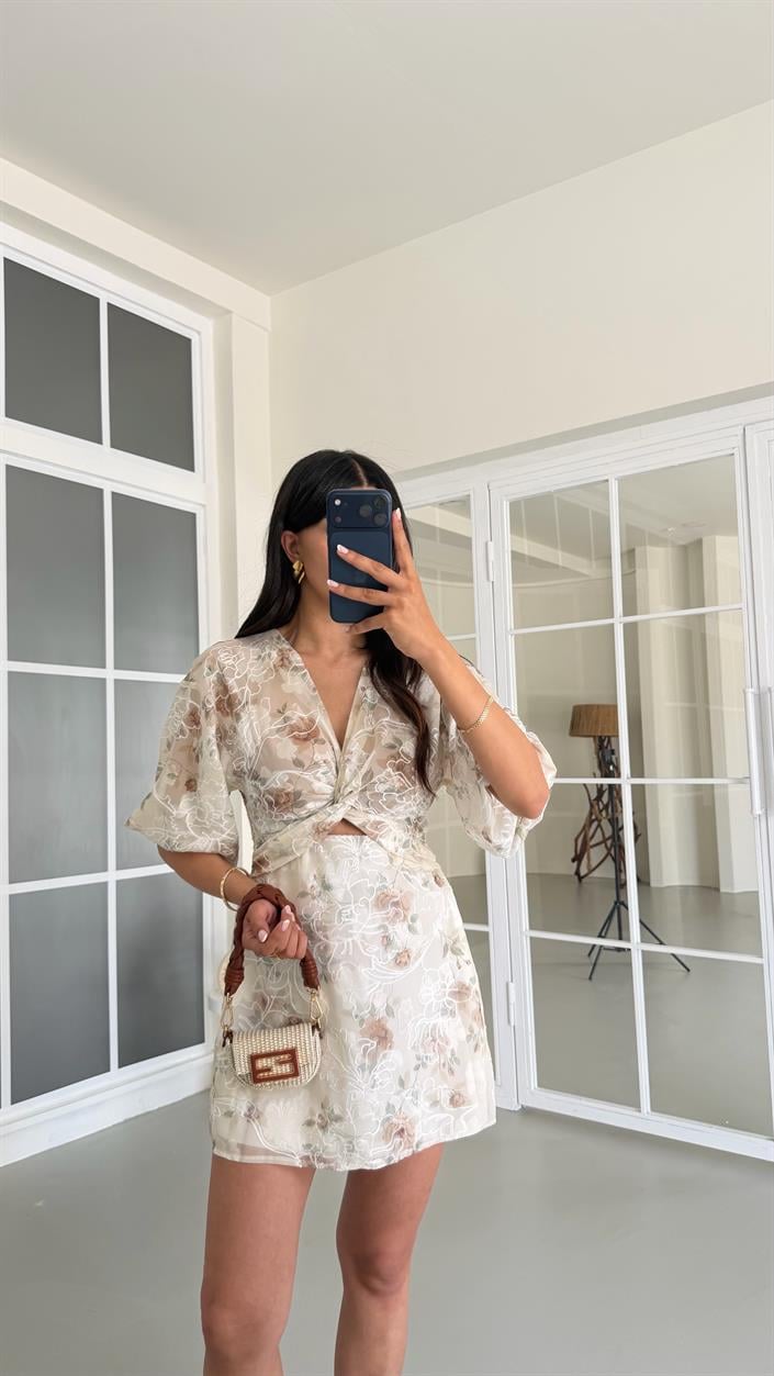Kahve Transparan Çiçek Desenli Mini Elbise GAUS-01665