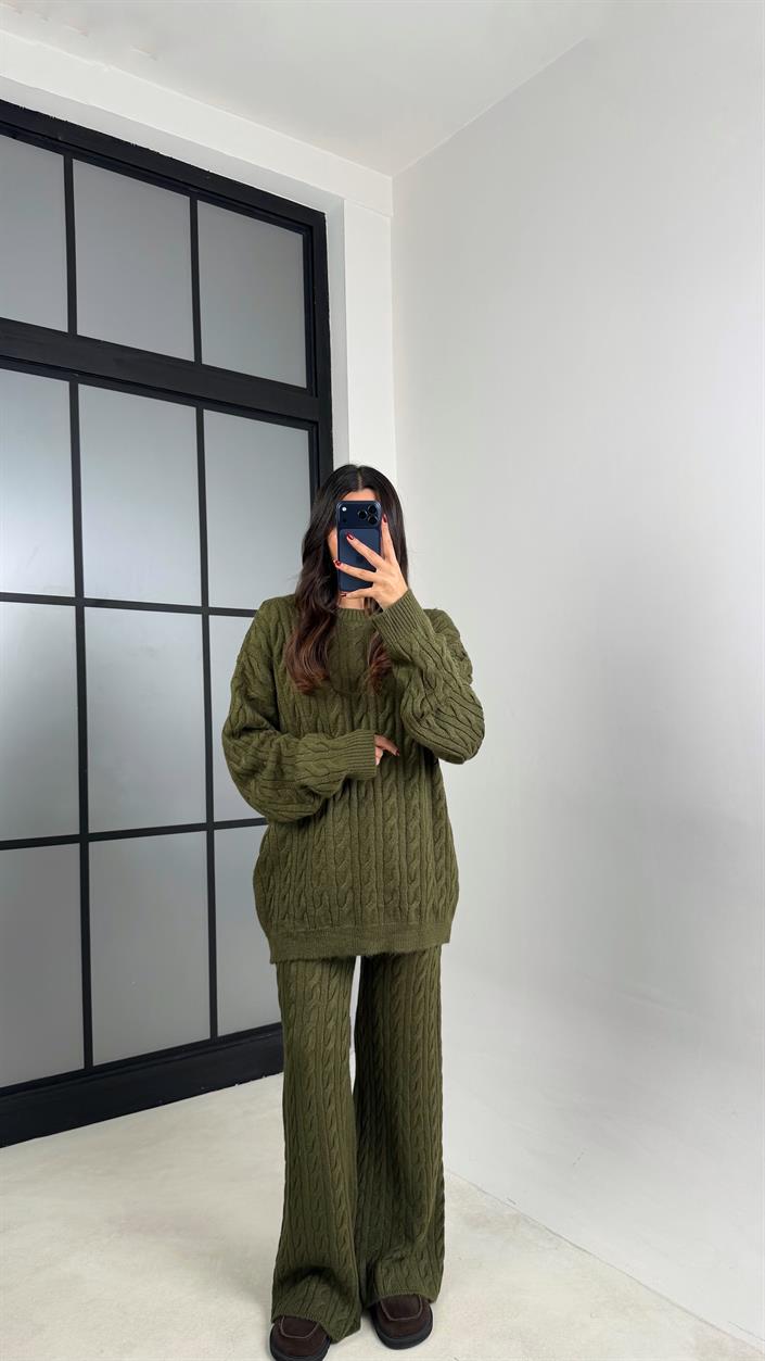 Haki Saç Örgülü Kazak Beli Lastikli Pantolon Triko Takım GAUS-00592