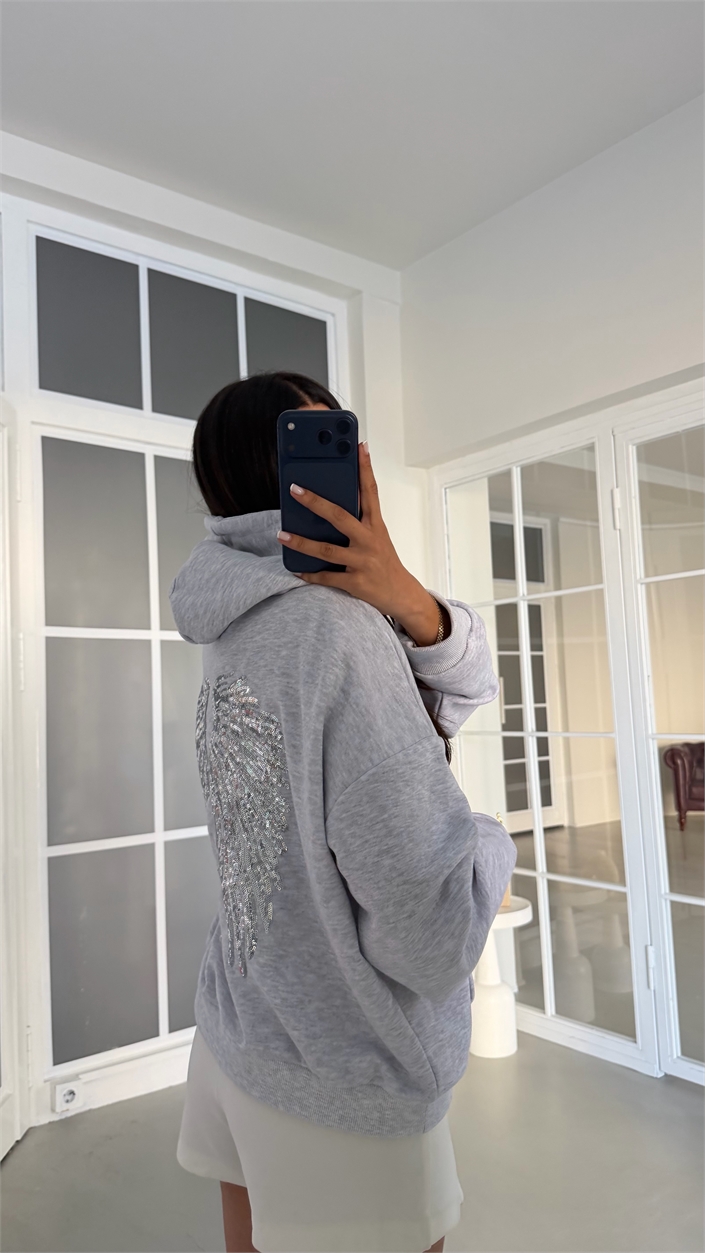 Gri Kanat İşlemeli Kapüşonlu Sweatshirt GAUS-02052