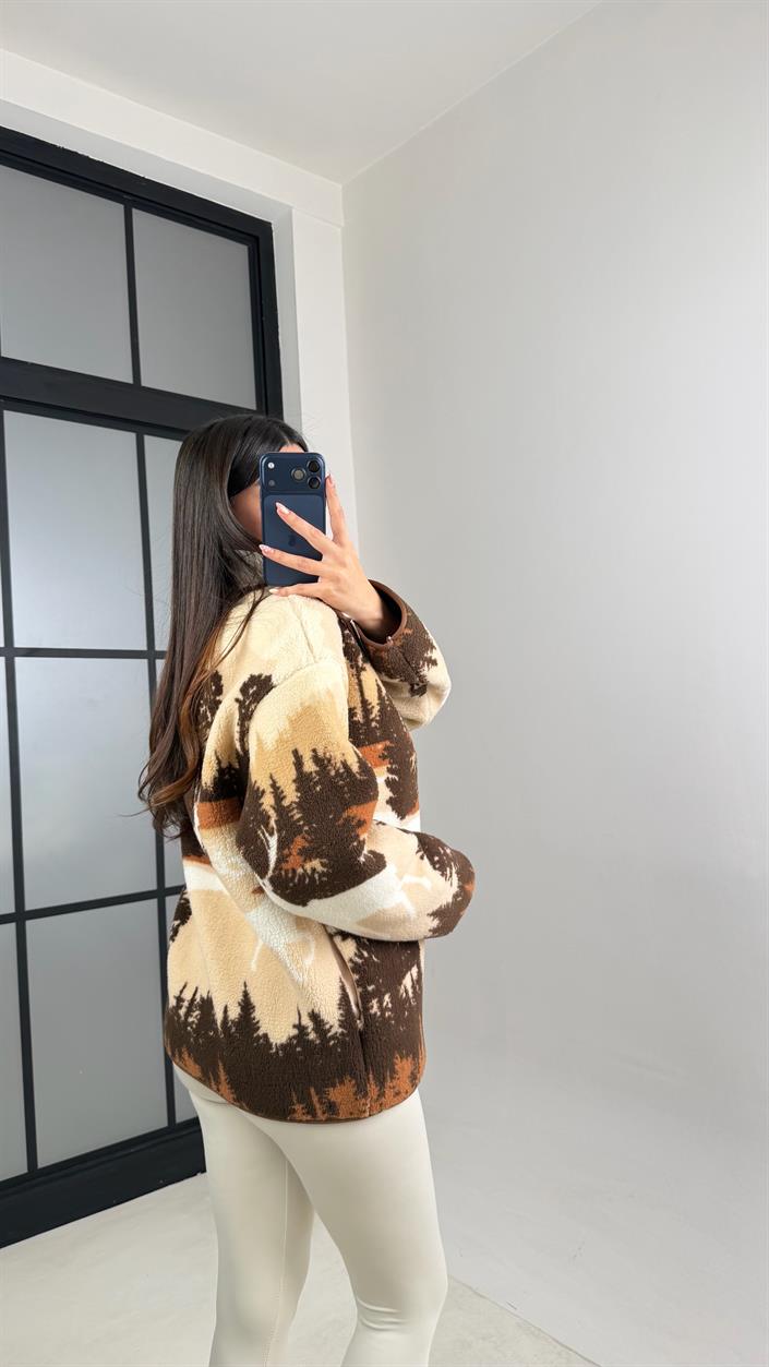 Kahve Fermuarlı Geyik Desenli Polar Sweatshirt GAUS-00870