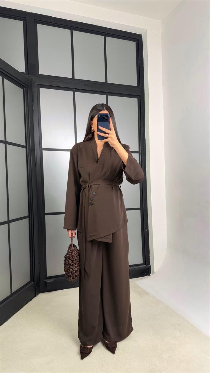 Acı Kahve Vatkalı Düğme Detaylı Belden Kuşaklı Ceket Beli Lastikli Pantolon Tencel Takım GAUS-01195