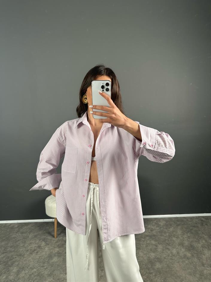 Sonho Pembe İnce Çizgili Oversize Gömlek