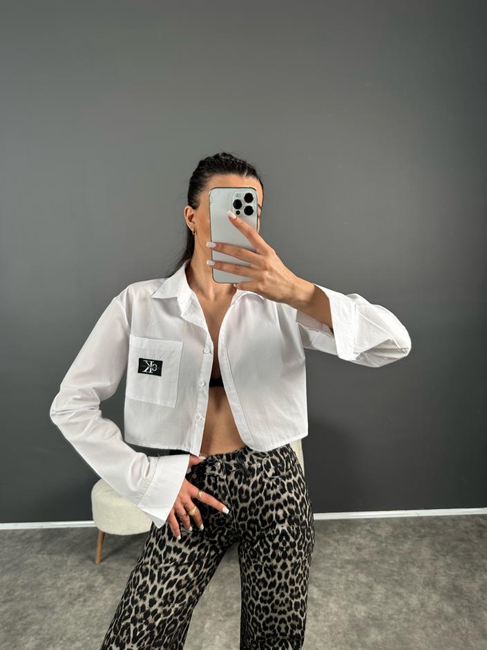 Mes Beyaz Nakışlı Crop Gömlek 