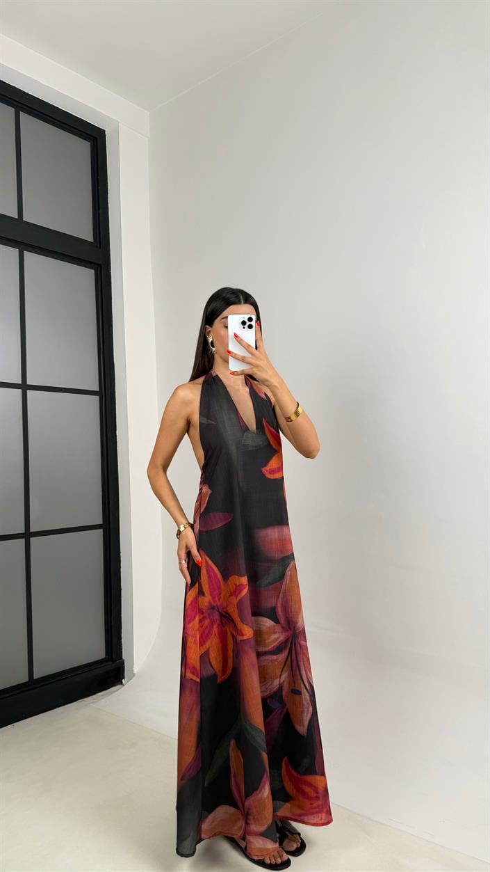 Siyah Turuncu Çiçek Desenli Boyundan Bağlamalı Astarlı Tasarım Keten Elbise GAUS-0020