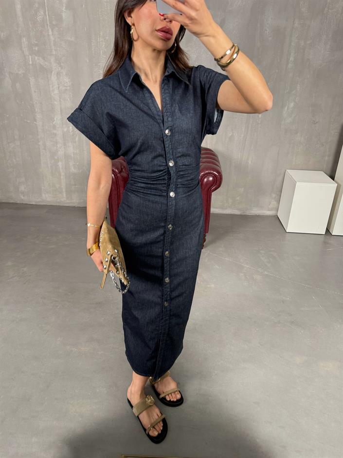Lacivert Likralı Ön Düğmeli Beli Lastikli Denim Elbise Gaus00206