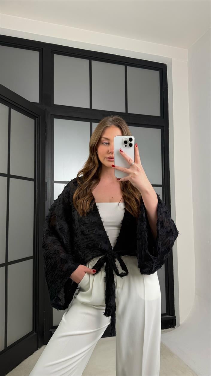 Siyah Püsküllü Bağlama Detaylı Kimono GAUS-01277