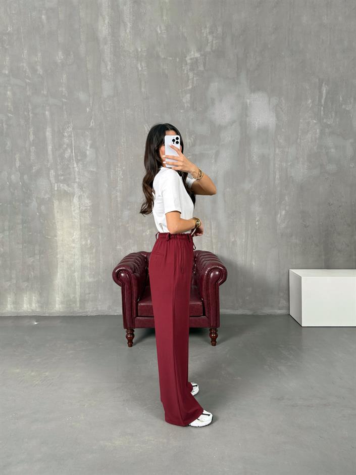 Giyan Bordo Beli Lastikli Çımalı Pantolon