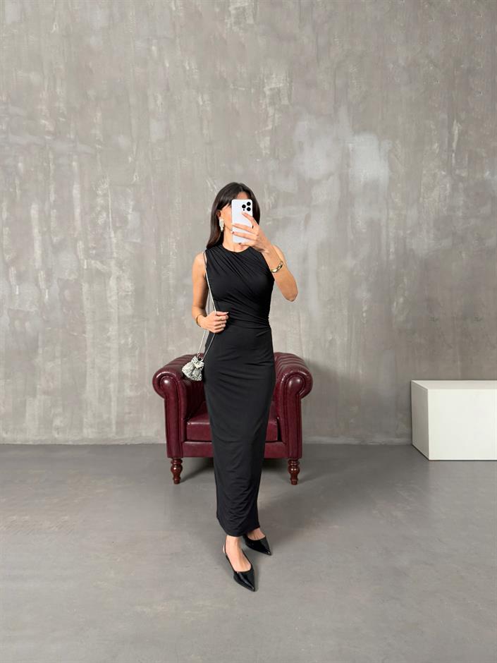 Helena Siyah ZR Model Drapeli Astarlı Elbise