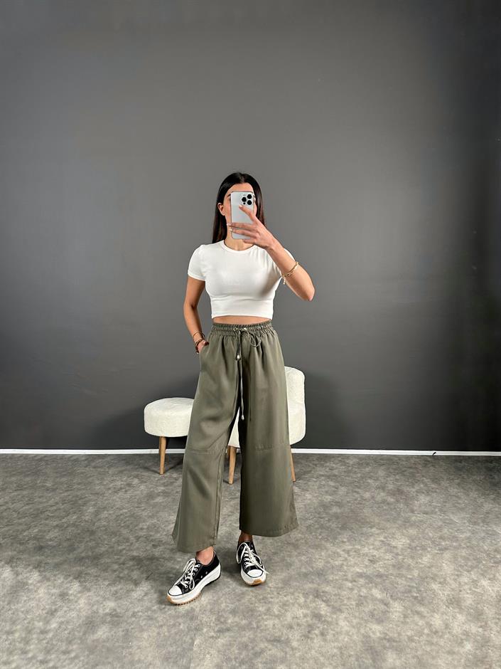 Premium Haki Tensel Bilekte Bol Paça Pantolon