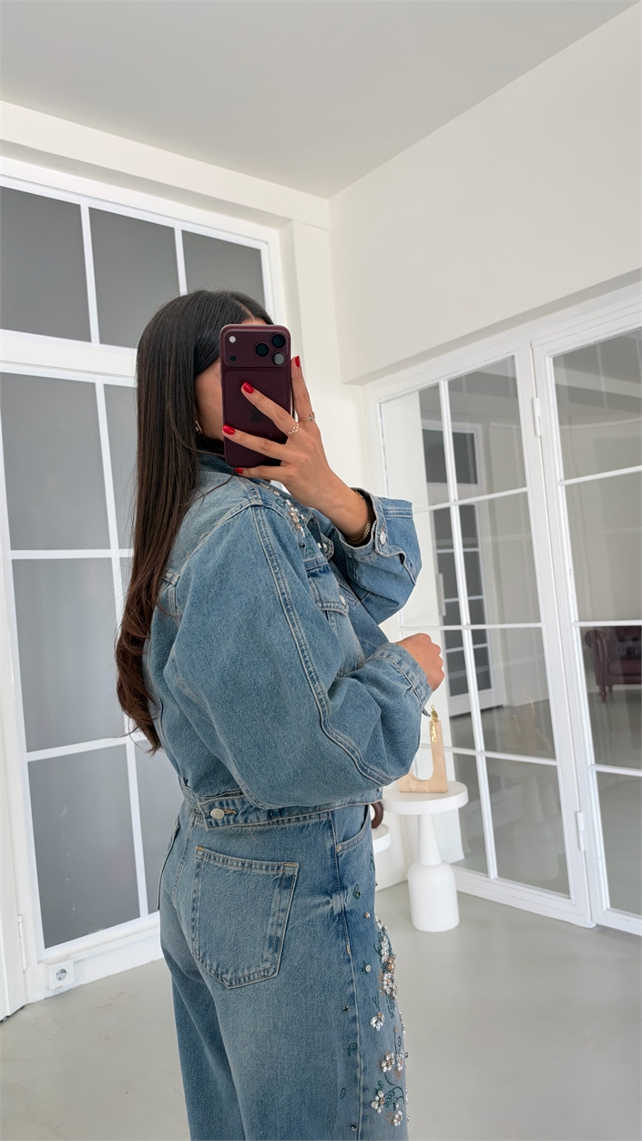 Mavi Taş İşlemeli İkili Denim Takım GAUS-02192