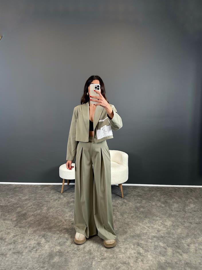 Ketrina Soft Haki Tasarım Blazer Ceket İkili Takım