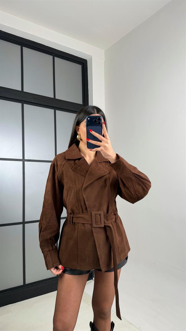 Acı Kahve Kemerli Astarlı Süet Ceket GAUS-01010