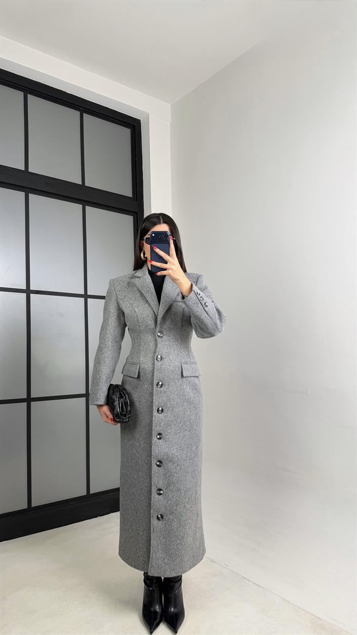 Gri Önü Düğmeli Vatkalı Astarlı Premium Kaşe Kaban Gaus-01030