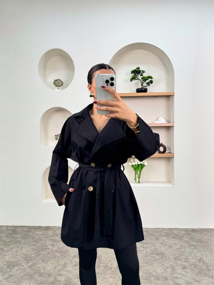 Anabel Siyah Kemerli Orta Boy Astarsız Trençkot