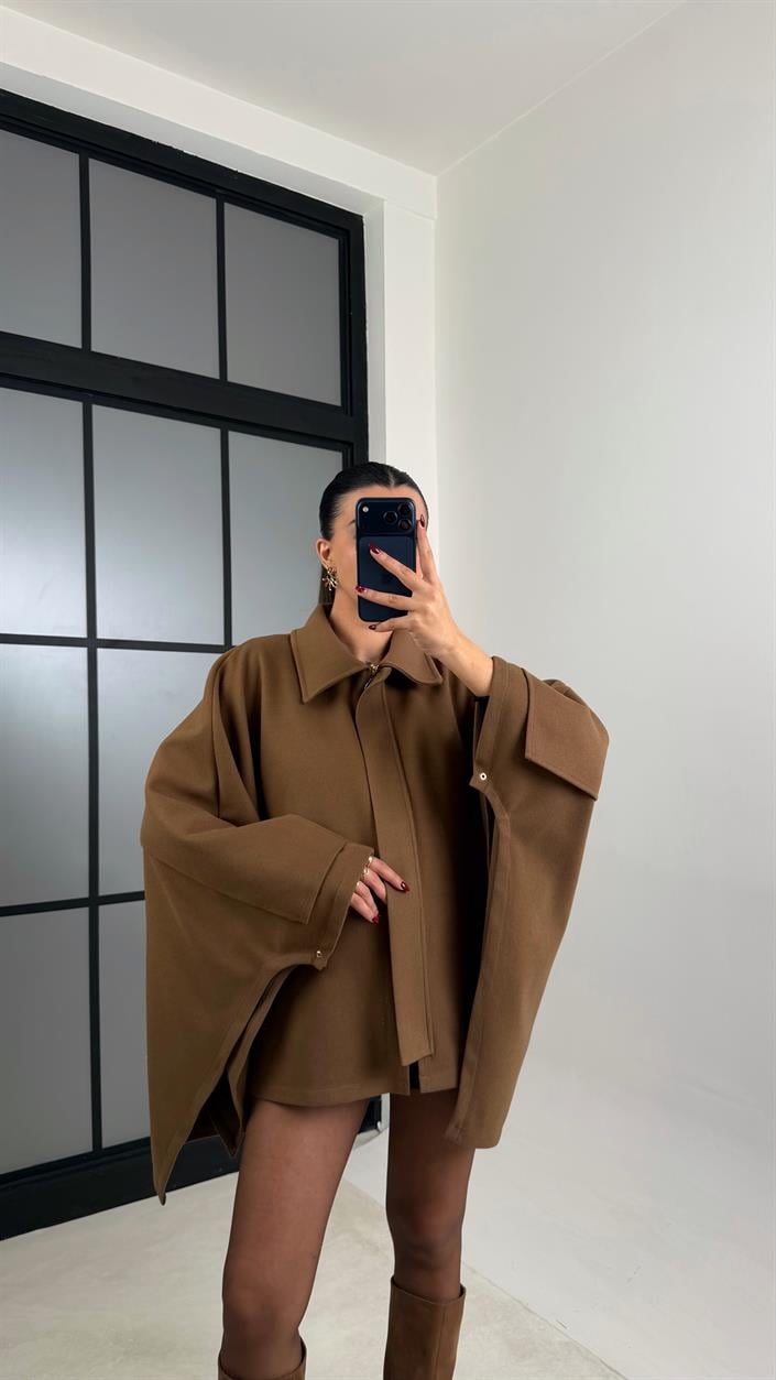 Kahve Yarasa Kol Fermuarlı Panço GAUS-00766