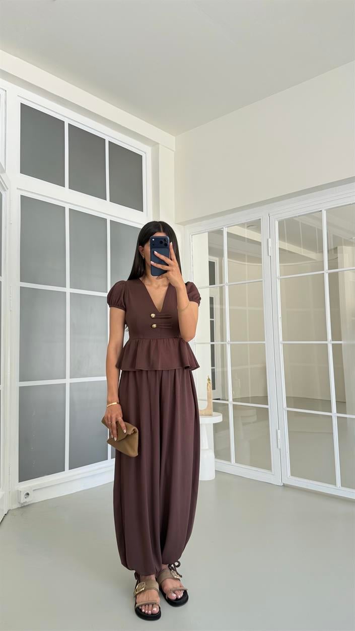 Kahve Gold Düğme Detaylı Peplum Bluz Beli Lastikli Şalvar Pantolon İkili Modal Takım GAUS-01673