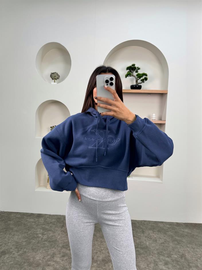 Jime Mavi Muadil Crop Kapüşonlu Şardonlu Sweatshirt