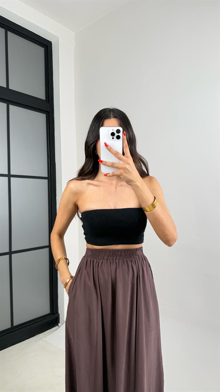 Kahve Cep Detaylı Basic Tencel Etek GAUS-0045