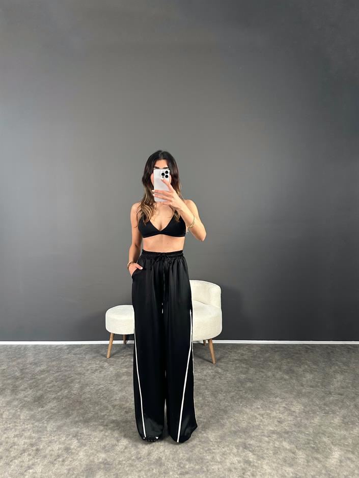 Siyah Saten Şeritli Beli Lastikli Pantolon 