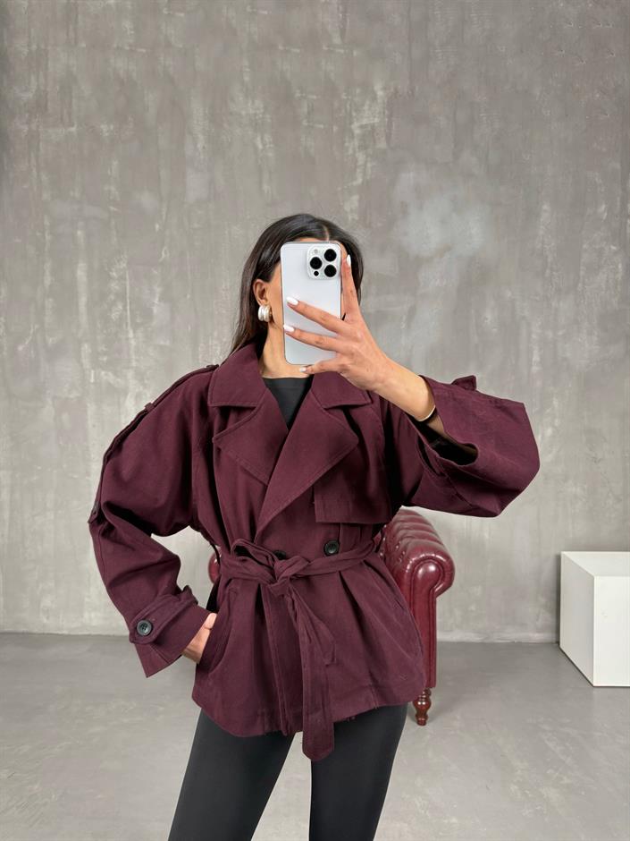 Vegas Mürdüm Kuşaklı Kısa Gabardin Trençkot