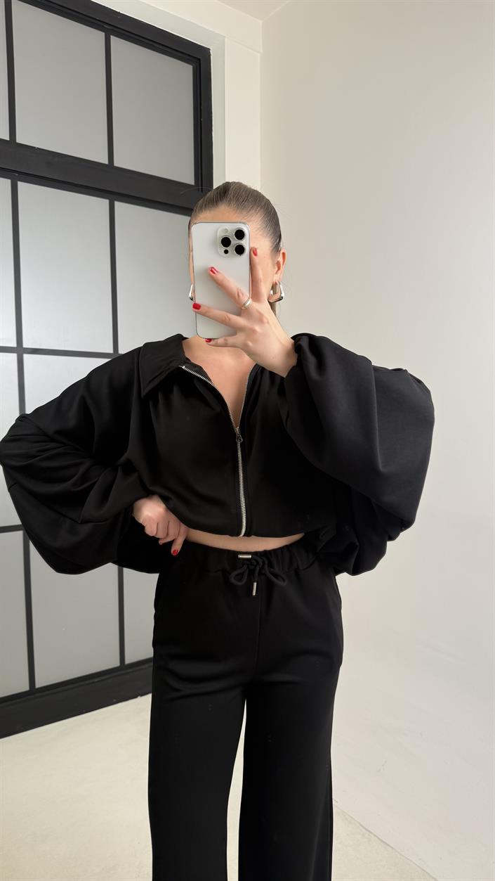 Siyah Bomber Hırka Beli Lastikli Pantolon İkili Takım GAUS-00556