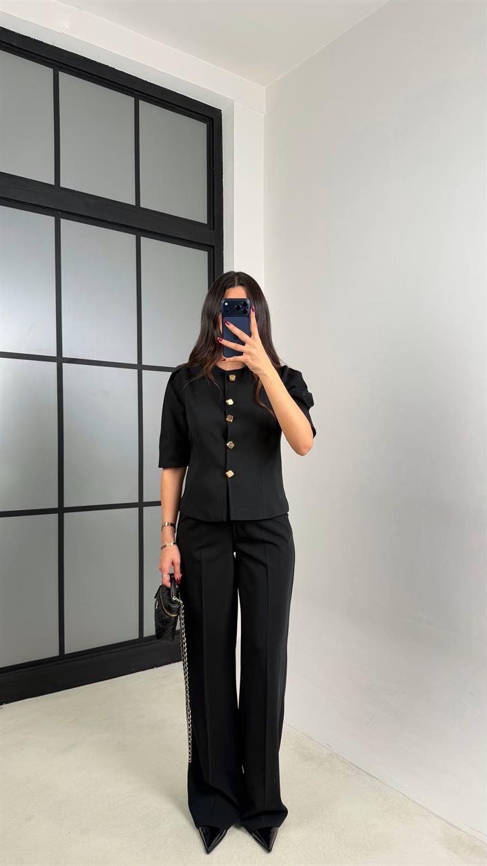 Siyah Gold Düğmeli Balon Kol Ceket Beli Lastikli Pantolon Kumaş Takım GAUS-00748