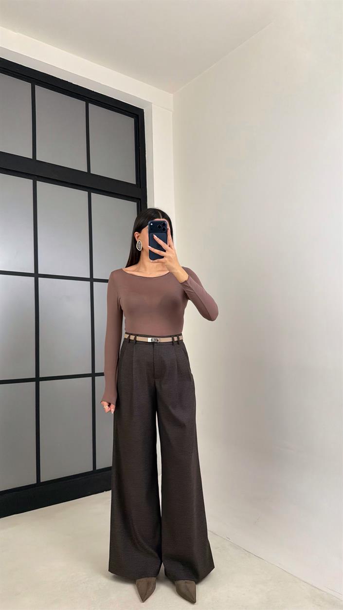 Kahve Pile Detaylı Desenli Kumaş Pantolon GAUS-00911