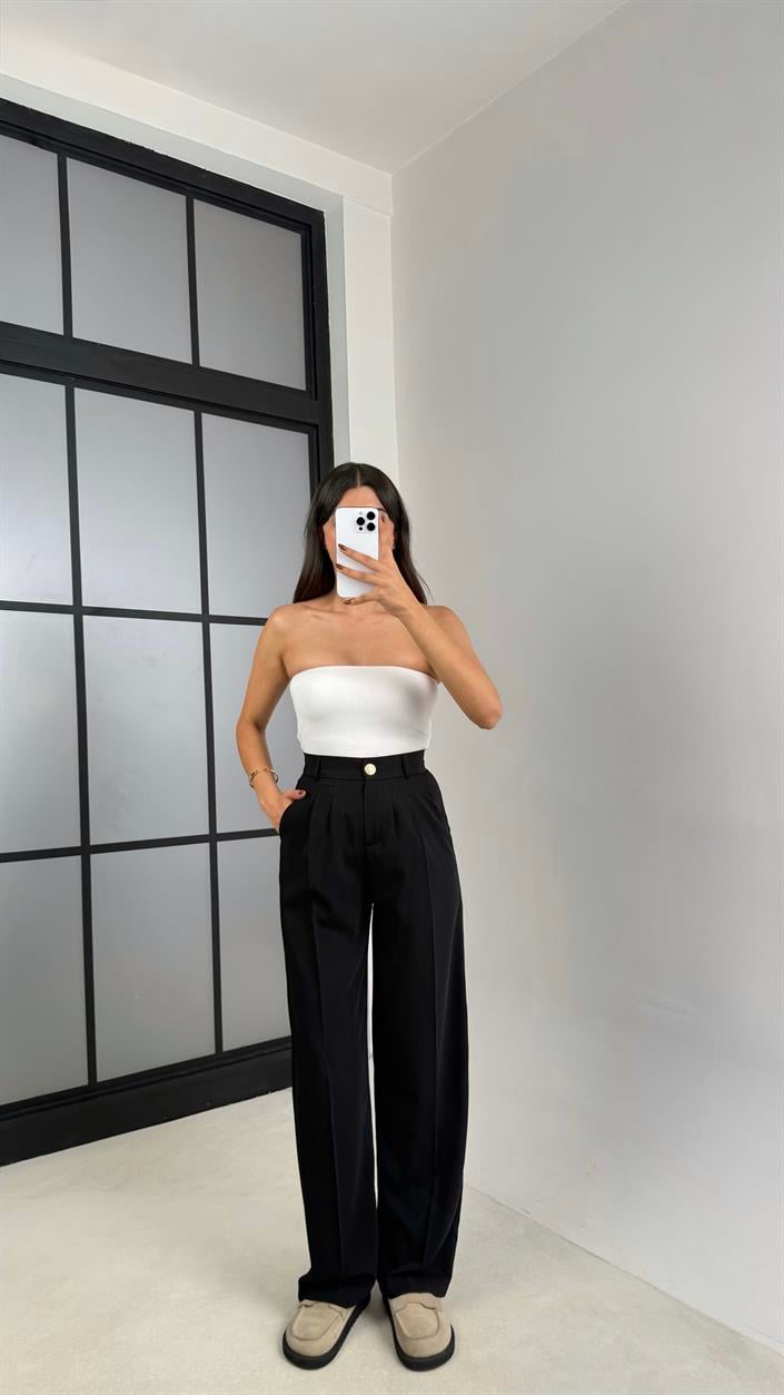 Siyah Gold Düğmeli Beli Lastikli Premium Pantolon GAUS-00141