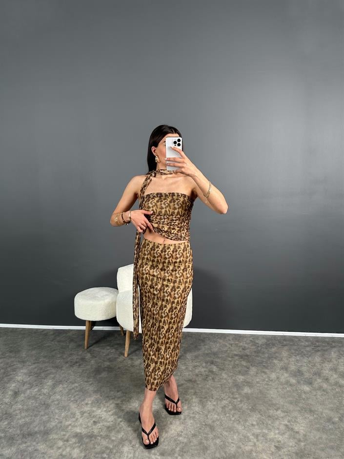 Zr Model Leoparlı Bluz Etek Takım 