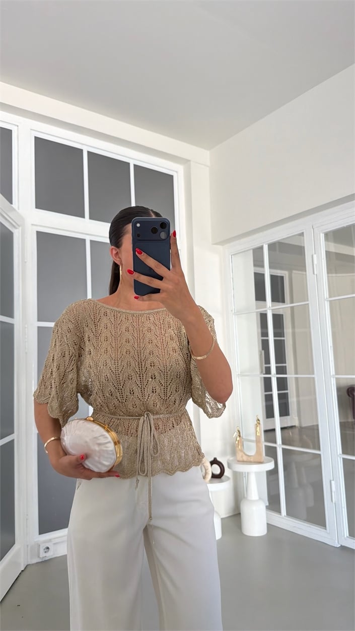 Altın Simli Kuşaklı Triko Bluz GAUS-01873