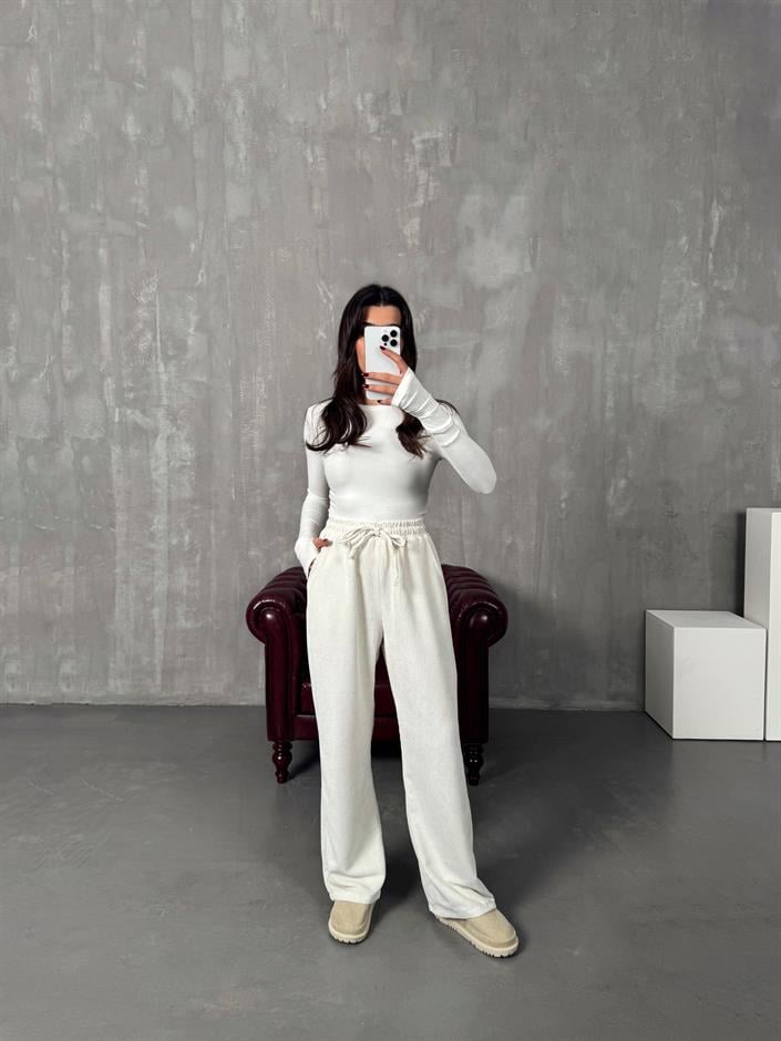 Mexa Ekru Beli Lastikli Kadife Eşofman Altı