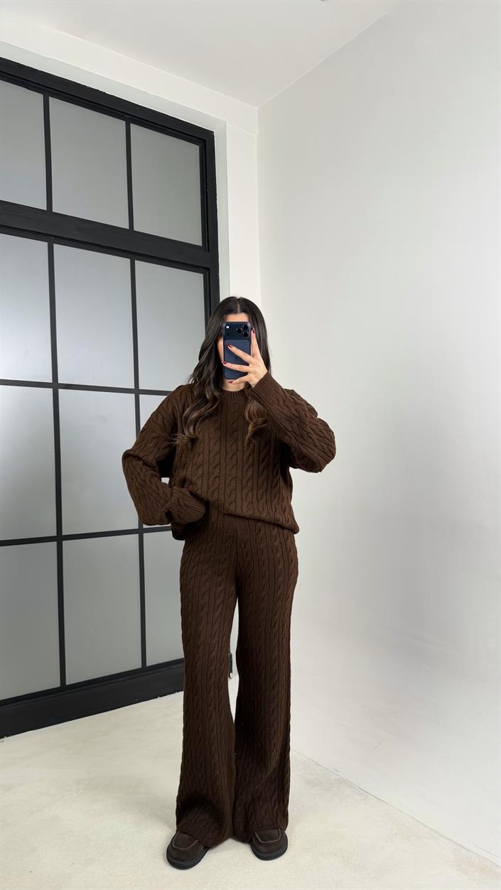 Kahve Saç Örgülü Kazak Beli Lastikli Pantolon Triko Takım GAUS-00592