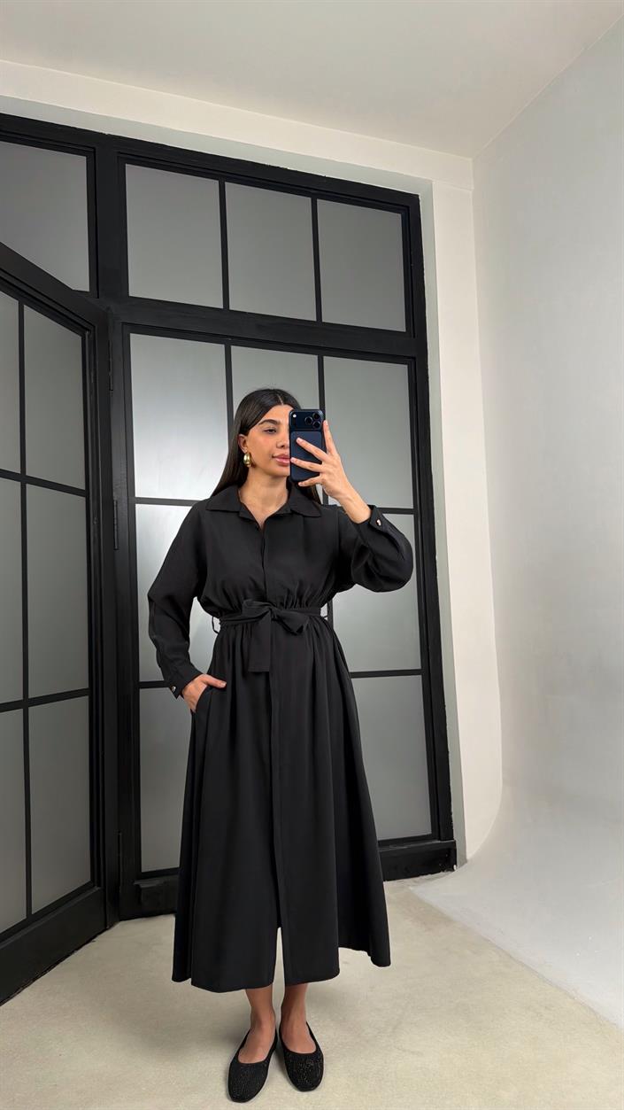 Siyah Beli Lastikli Kuşaklı Tencel Elbise GAUS-01286