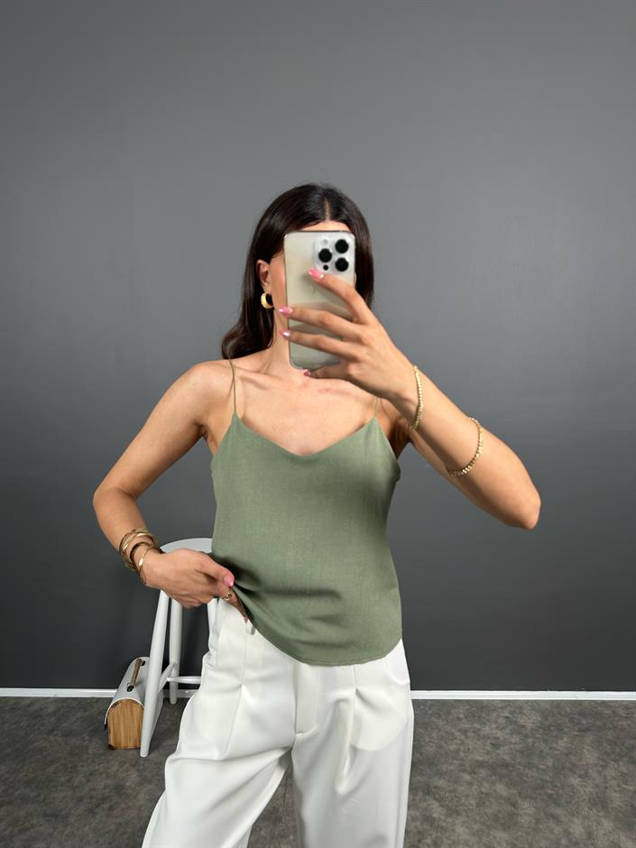 Exa Haki Askılı Keten Crop Bluz